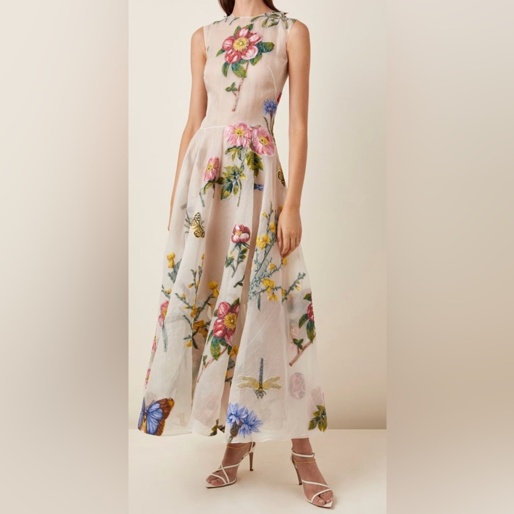 Oscar de la Renta Cream Floral Midi Dress